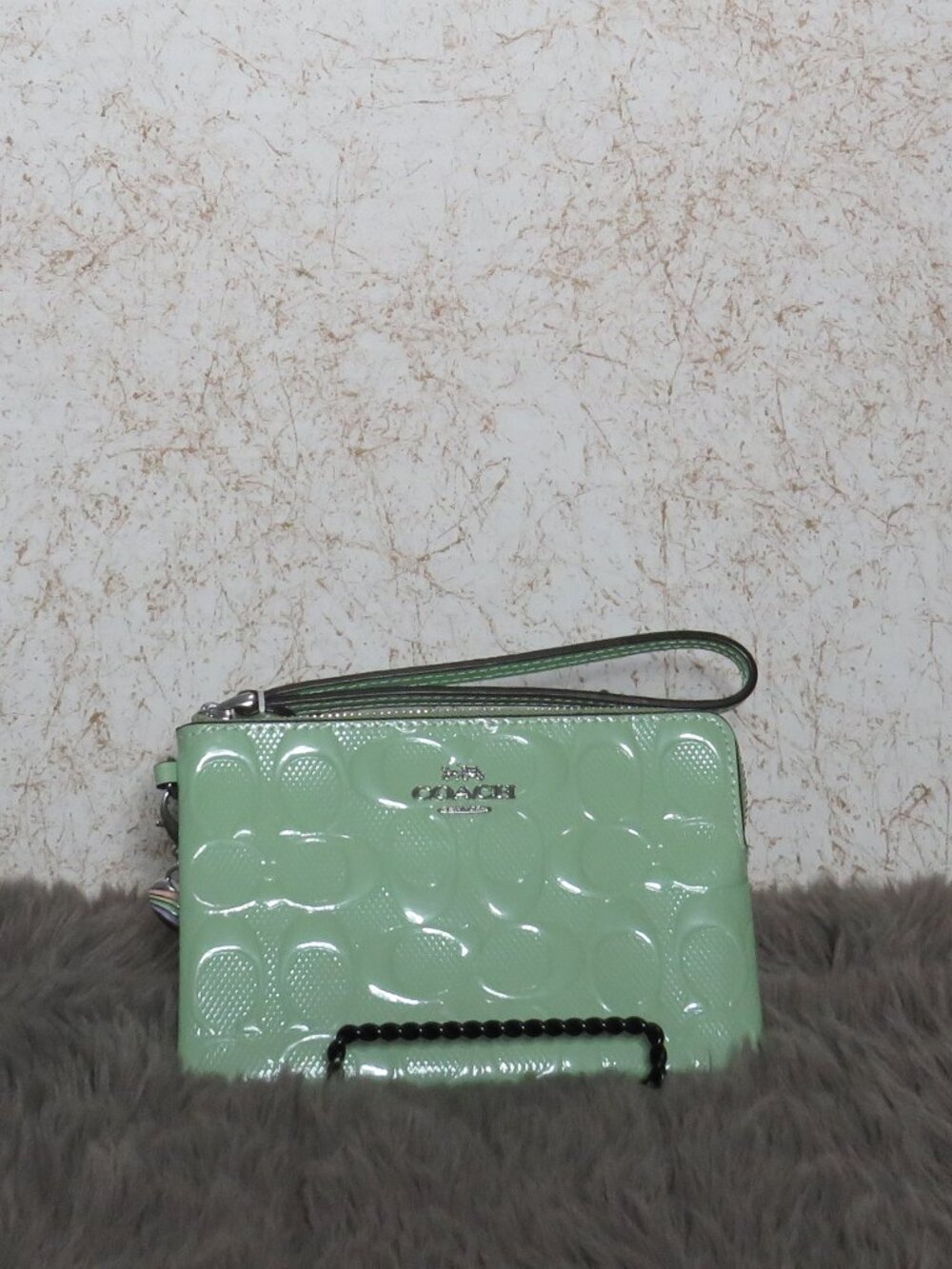 Coach Corner Zip Wristlet in Signature Leather with Heart Charm (Pale Green)